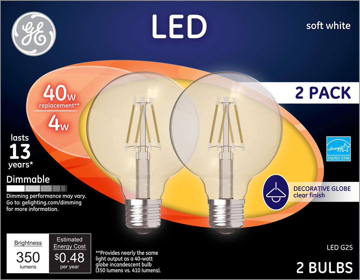 GE Lighting LED Globe Light Bulbs, G25 Bulb, 4 Watt (40 Watt Equivalent) Soft White, Clear Finish, Medium Base, Dimmable (2 Pack)