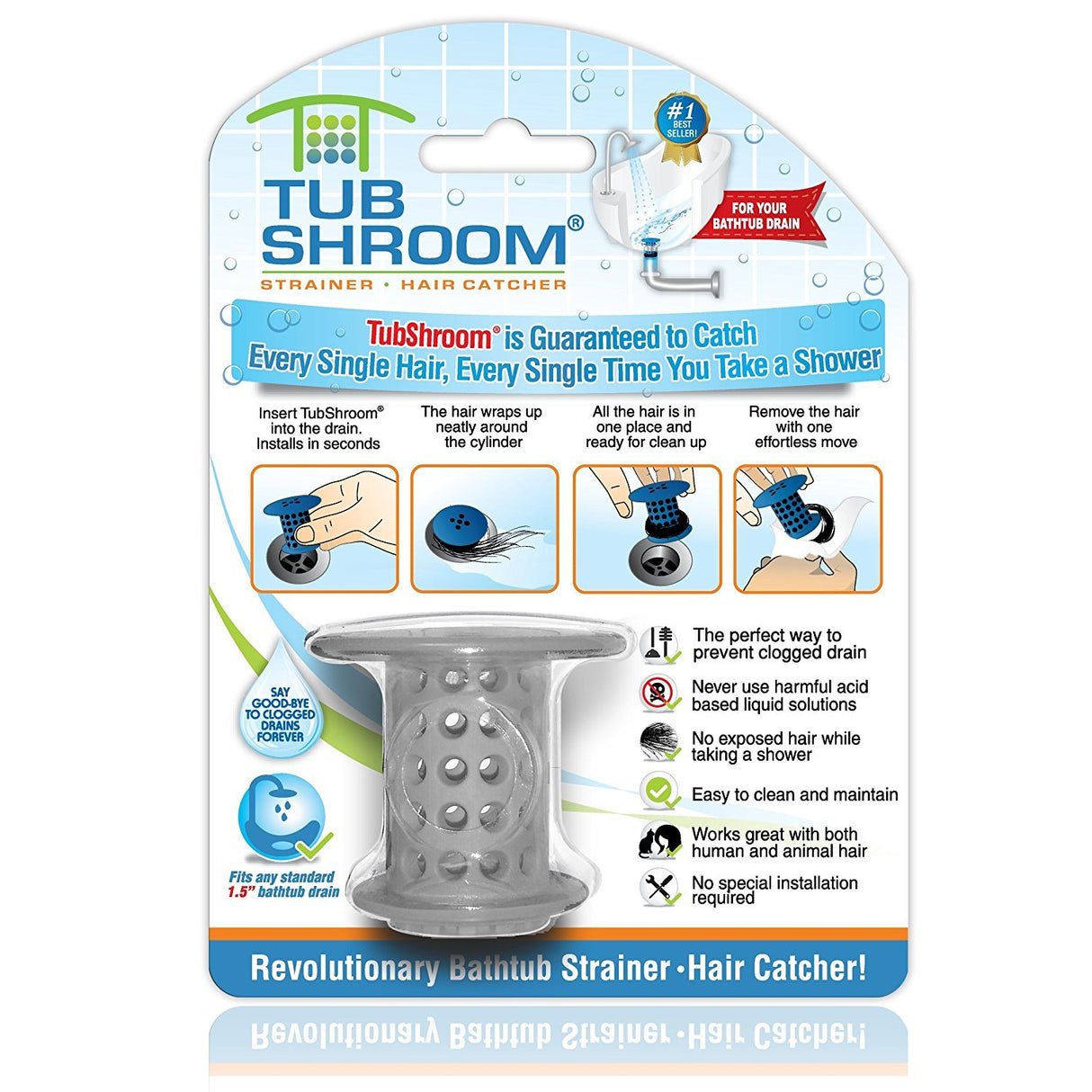 TubShroom Tub Drain Protector Hair Catcher/Strainer/Snare, Gray (TSGRA454)