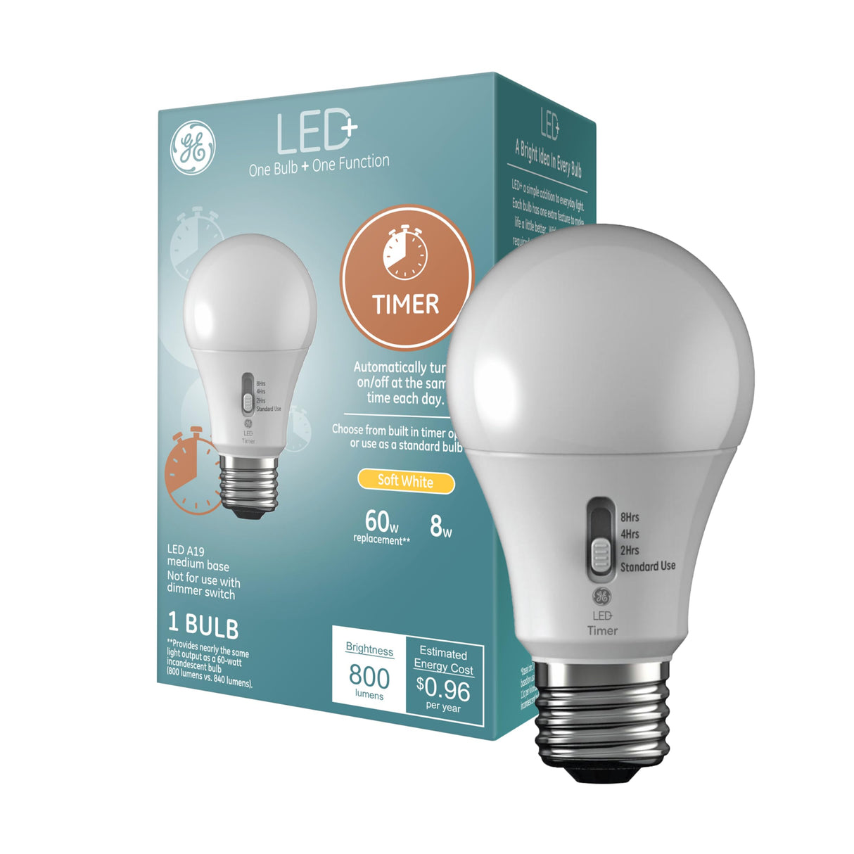 GE LED+ Timer A19 LED Light Bulbs, Built-in Automatic Indoor Timer Light, 8W, Soft White