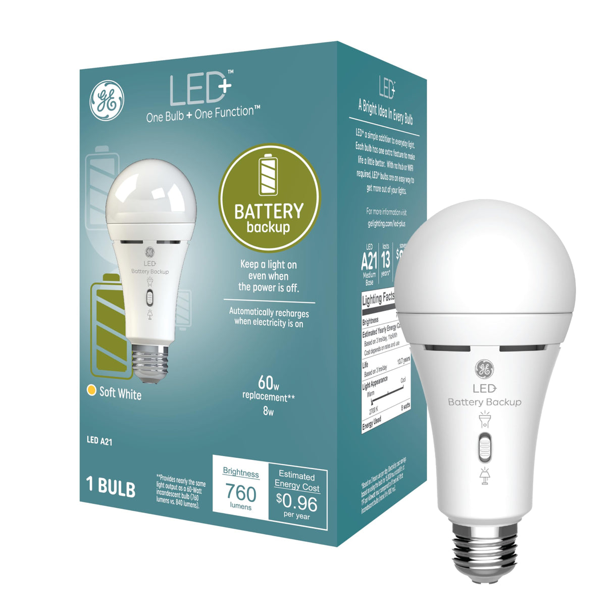 GE Lighting LED+ Backup Battery Light Bulb, Rechargeable, Soft White, Medium Base (1 Pack)