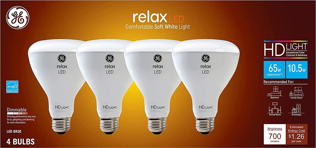 GE Lighting Relax LED Indoor Floodlight Bulbs, 10.5 Watt (65 Watt Equivalent) Soft White, Medium Base, Dimmable (4 Pack)