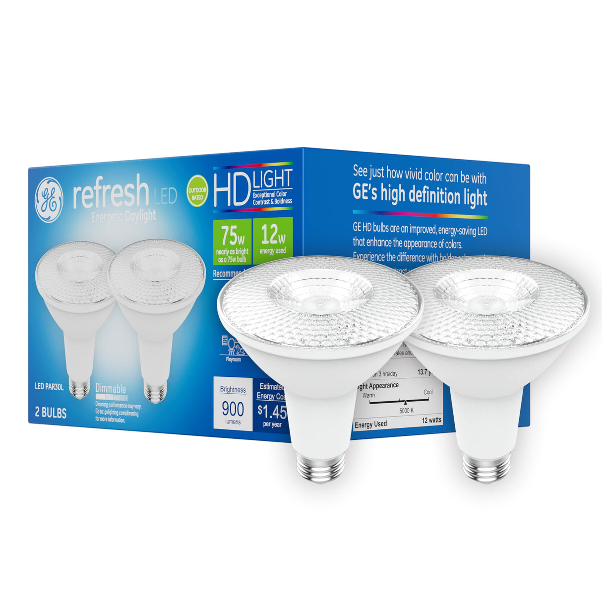 GE Refresh LED Light Bulbs, 75 Watt, Daylight, PAR30L Outdoor Bulbs (2 Pack)