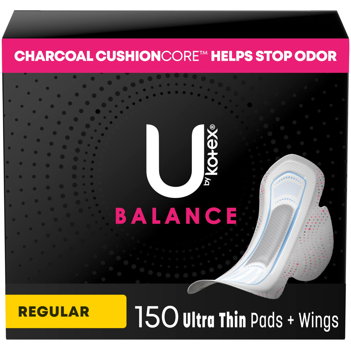 U by Kotex Balance Ultra Thin Pads with Wings, Regular Absorbency, 150 Count (3 Packs of 50)