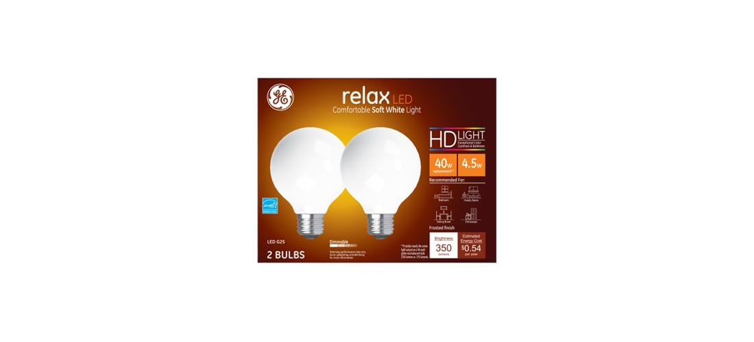GE Lighting Relax LED Globe Light Bulbs, 4.5 Watts (40 Watt Equivalent) Soft White HD Light, Frosted Finish, Medium Base, Dimmable (2 Pack)
