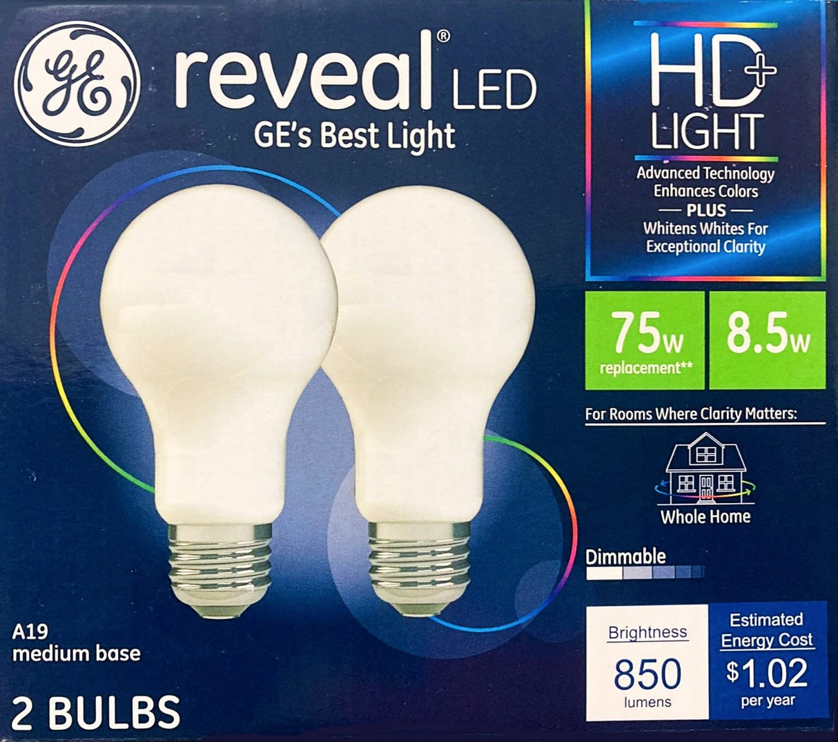 Ge Reveal led HD Light Pure 75w = 10.5w Clean Light Dimmable 2 Bulbs
