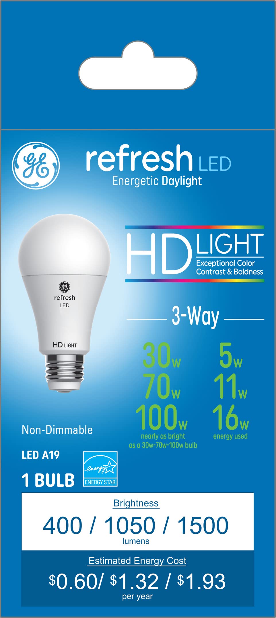 GE Lighting Refresh LED HD 3-Way Light Bulb, 5, 9, 16 Watt (30, 70, 100 Watt Equivalent) Daylight, Medium Base