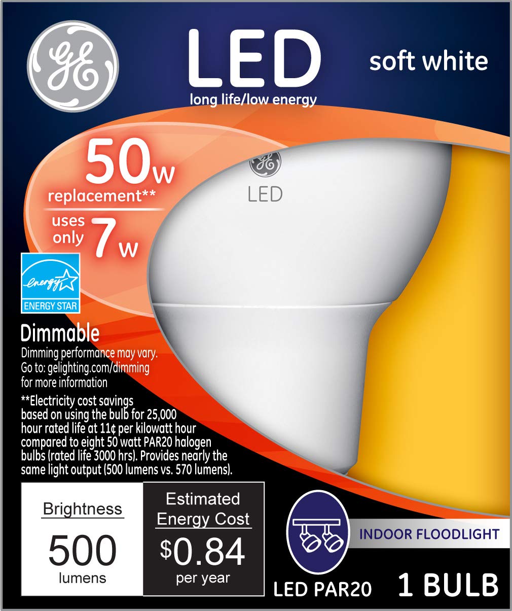 GE LED Indoor Floodlight Bulb, PAR20 Bulb, 7 Watt (50 Watt Equivalent) Soft White, Medium Base, Dimmable (1 Pack)