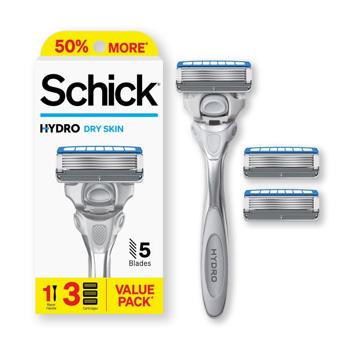 Schick Hydro Dry Skin Razor, 1 Razor Handle and 3 Cartridges