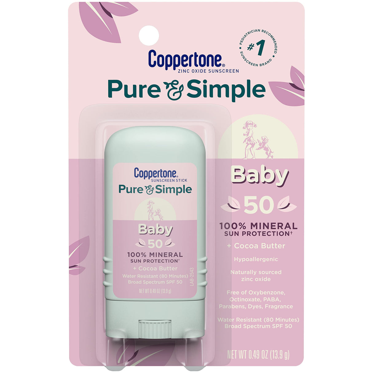 Coppertone Pure and Simple Baby SPF 50 Sunscreen Stick, Zinc Oxide Mineral Sunscreen, Baby Sunscreen Stick, Face Sunscreen, 0.49 Oz