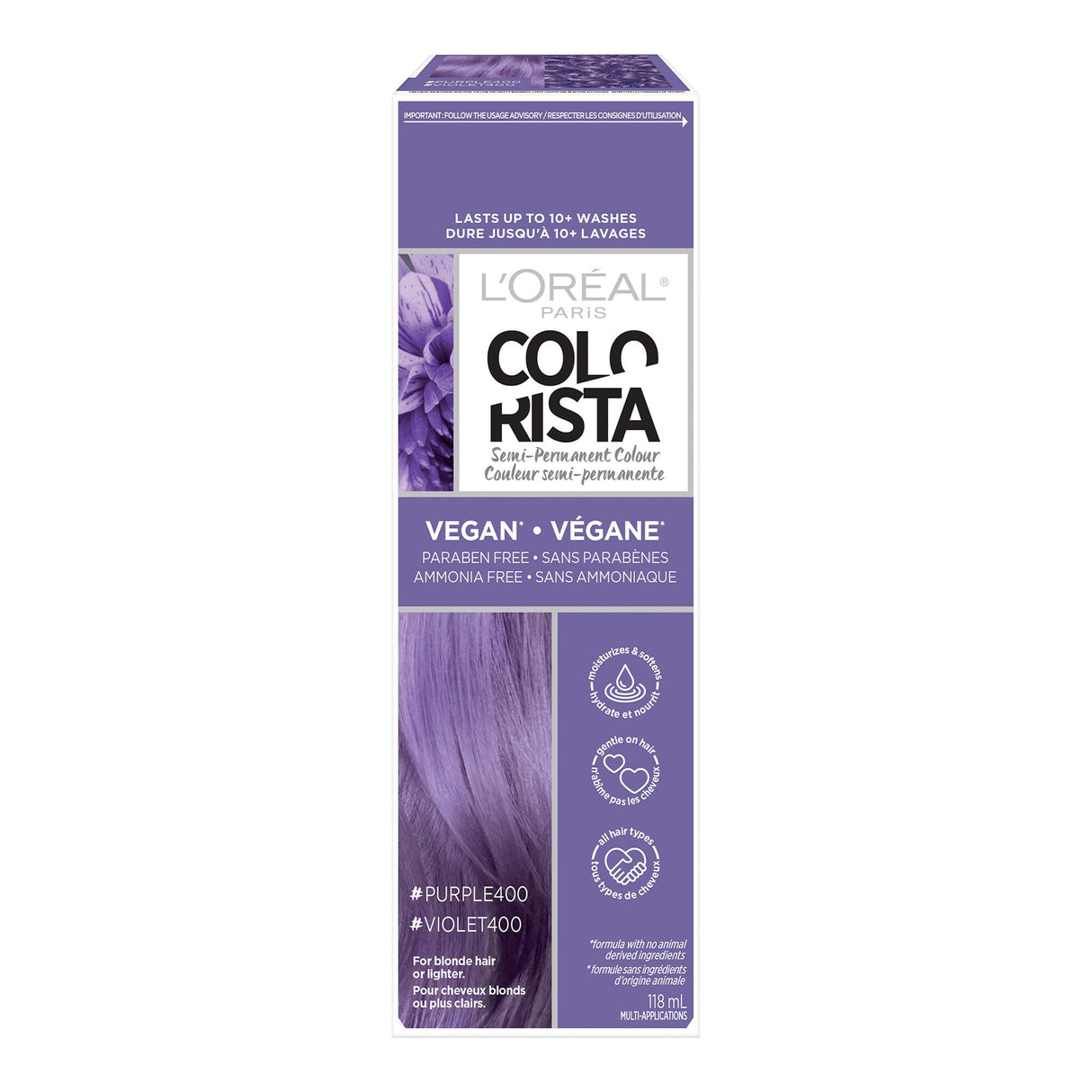 L'Oreal Paris Colorista Semi Permanent Hair Color for Bleached or Blonde Hair, Color Depositing Hair Mask Formula, Purple