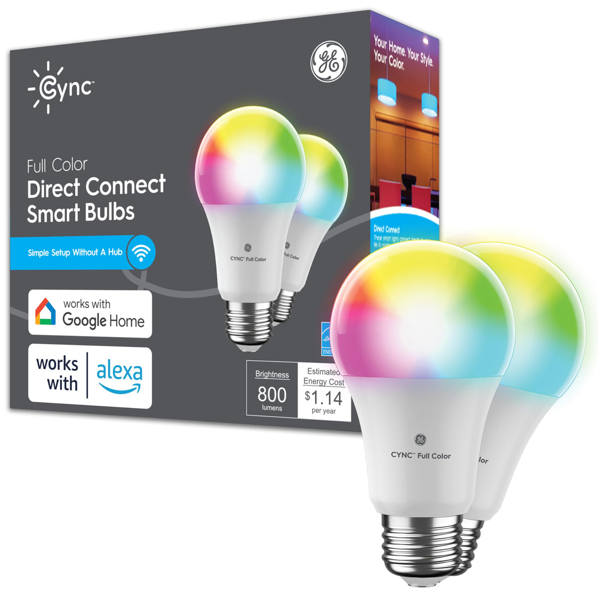 GE CYNC Smart Full Color A19 LED Light Bulb, 60W Replacement, 2-Pack