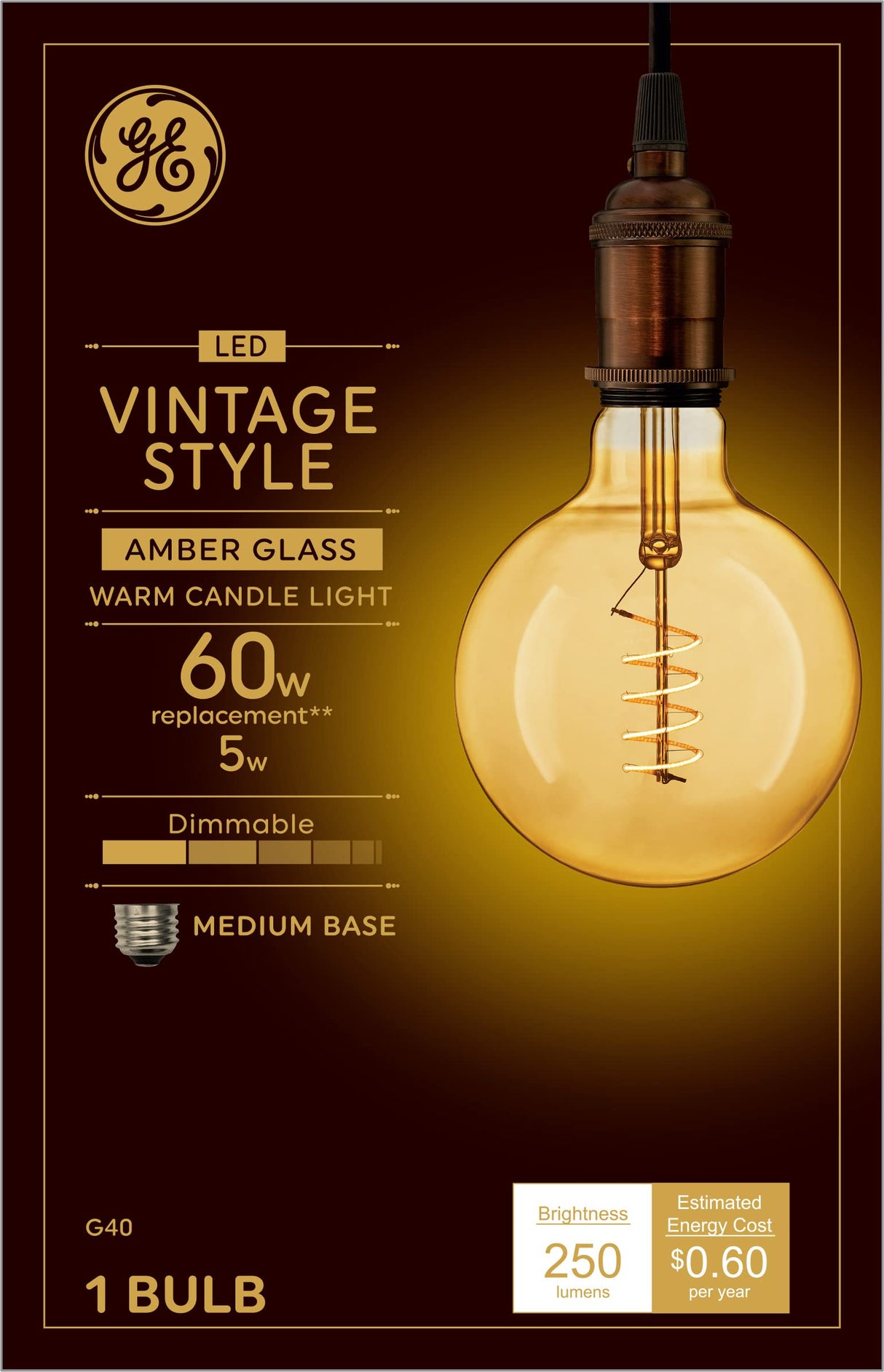 GE Vintage Style LED Globe Light Bulb, 5 Watts (60 Watt Equivalent) Warm Candle Light, Amber Glass, Medium Base, Dimmable