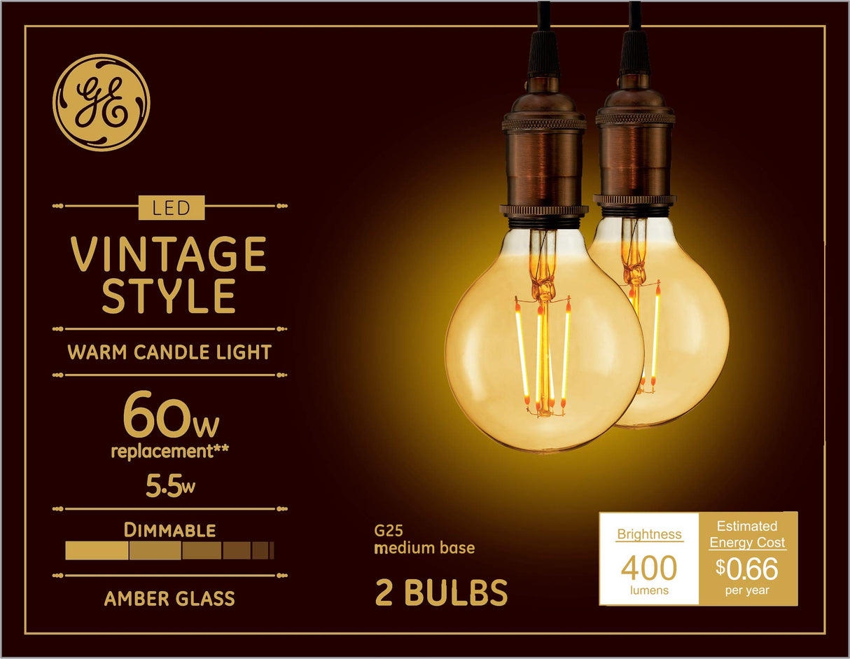 GE Lighting Vintage Style LED Globe Light Bulbs, 5.5 Watts (60 Watt Equivalent) Warm Candle Light, Amber Glass, Medium Base, Dimmable (2 Pack)