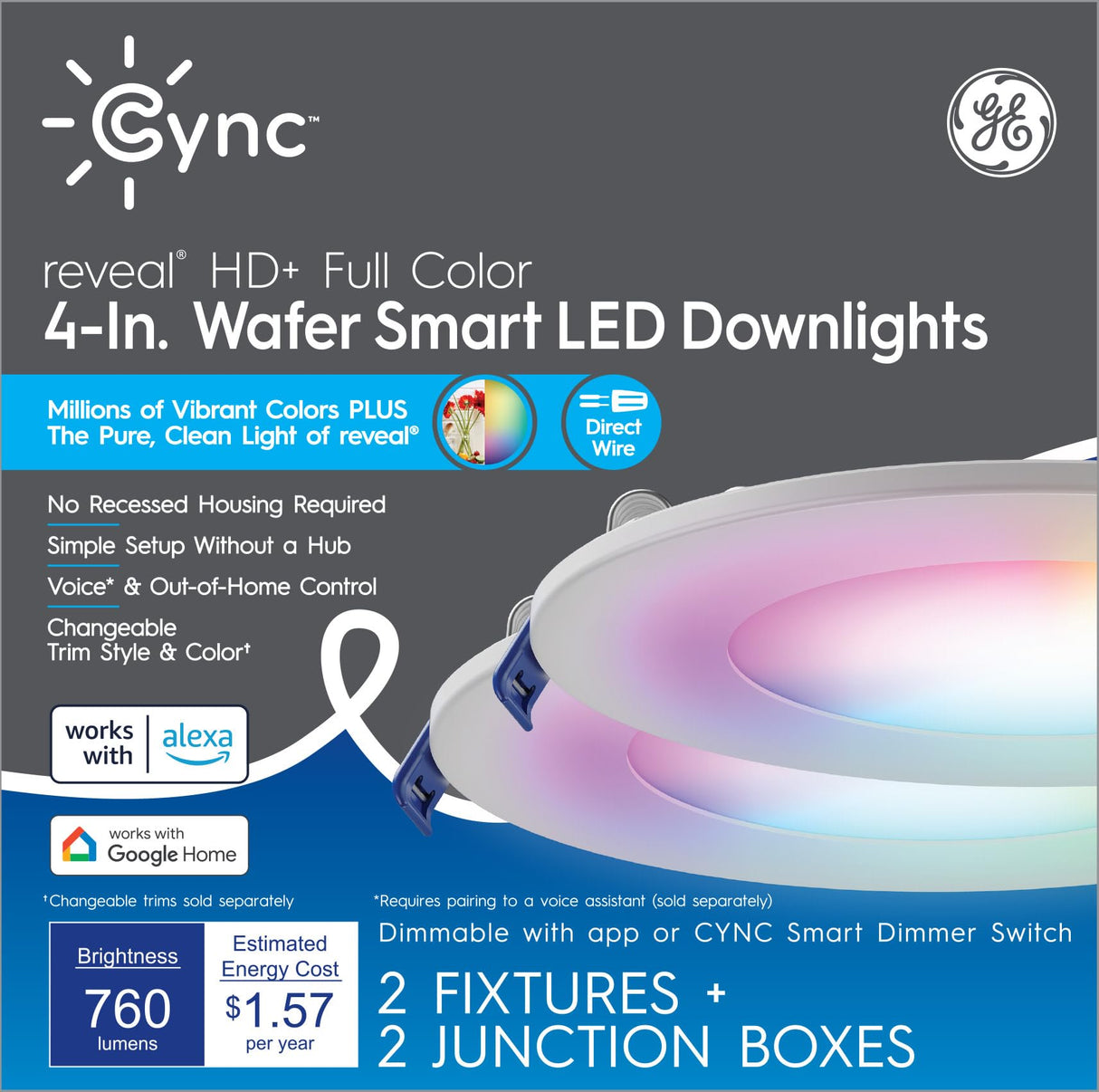Cync GE Reveal HD+ Wafer Smart LED Downlight Fixture, 4 Inches (2 Pack)