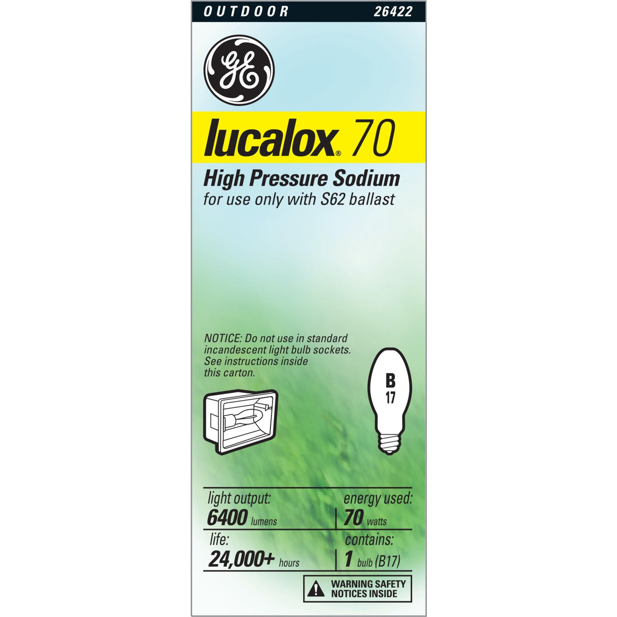 GE Lucalox High Pressure Sodium Light Bulb, B17 HPS Bulb, 70 Watt, Medium Base