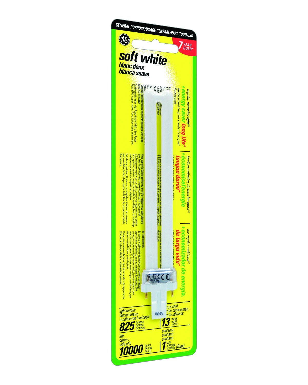 GE Energy Smart CFL Light Bulb, Double Tube Biax Light Bulb, T4 Light Bulb, 13-Watt, 825 Lumen, Soft White, G23 2-Pin Base, 1-Pack, Compact Fluorescent Light Bulb