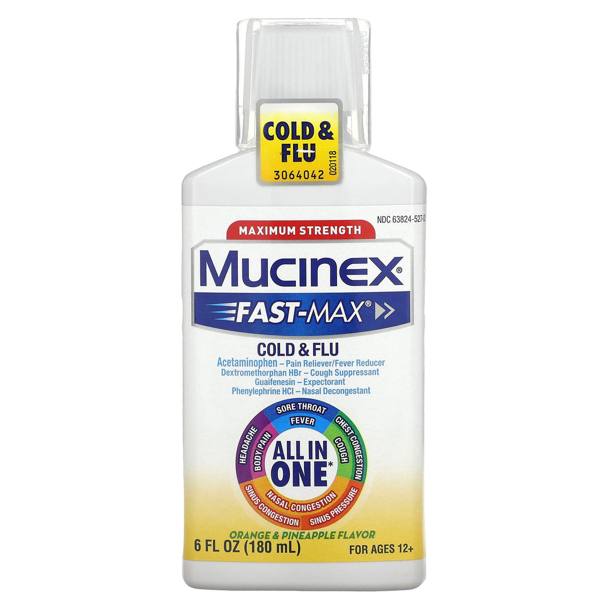 Mucinex Fast-Max Maximum Strength All-in-One Cold & Flu, Orange & Pineapple 6 oz