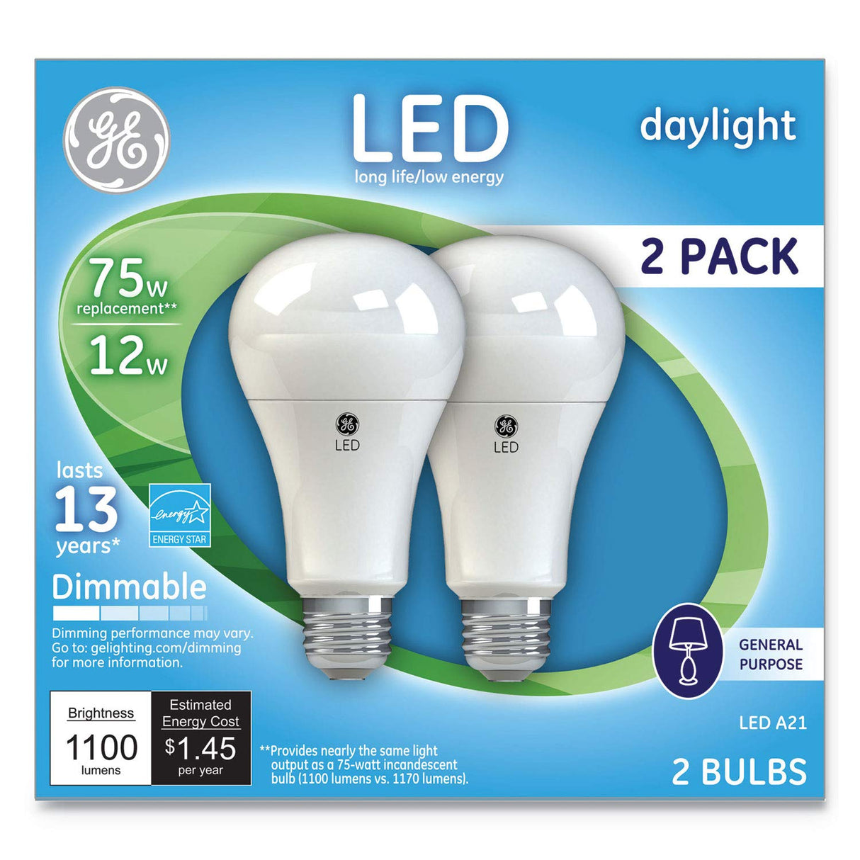 GE Dimmable LED Light Bulbs, A21 General Purpose (75 Watt Replacement LED Light Bulbs), 1100 Lumen, Medium Base Light Bulbs, Daylight, 2-Pack LED Bulbs