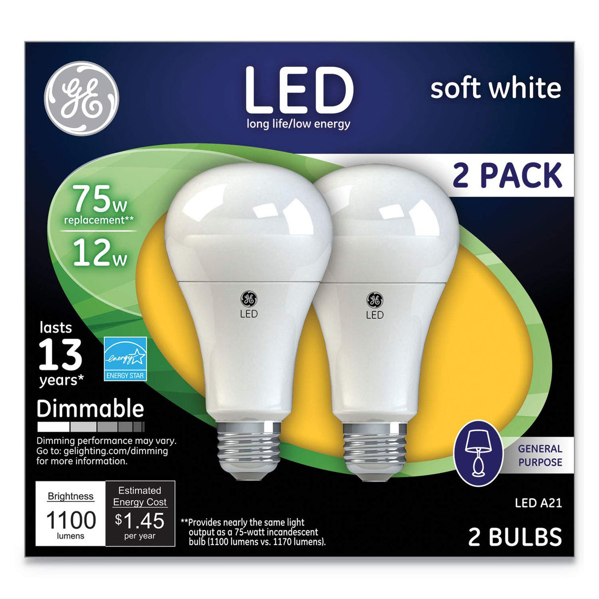 GE Dimmable LED Light Bulbs, A21 General Purpose (75 Watt Replacement LED Light Bulbs), 1100 Lumen, Medium Base Light Bulbs, Soft White