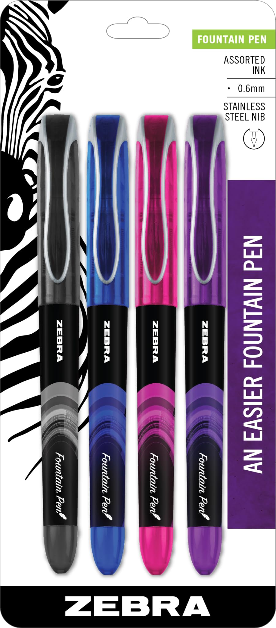 Zebra Pen Fountain Pen Set, 4-Pack Assorted Ink Colors