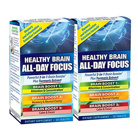 Applied Nutrition Healthy Brain All-Day Focus, 50 tablets per bottle (Pack of 2), designed to support mental clarity, focus, and cognitive performance throughout the day.