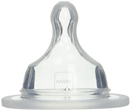 MAM Slow Flow Nipples Level 1 for newborns 0+ months, 2-count pack, designed for a smooth feeding experience with MAM baby bottles.