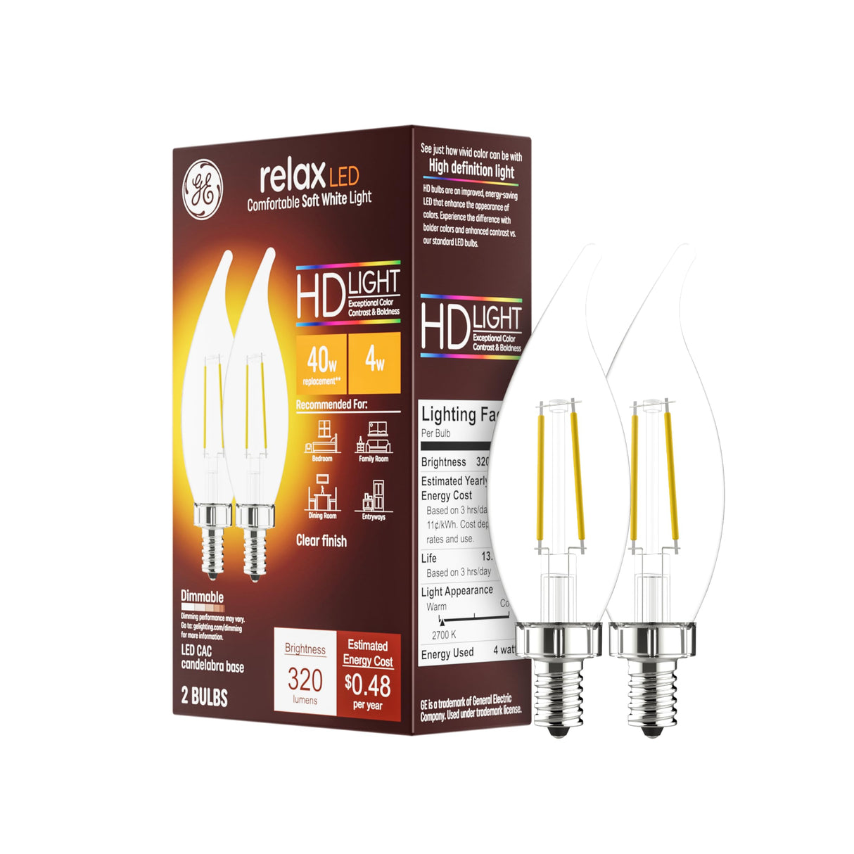 GE Relax LED Light Bulbs, 40 Watt, Soft White, Decorative Bulbs, Clear, Small Base 2 Count