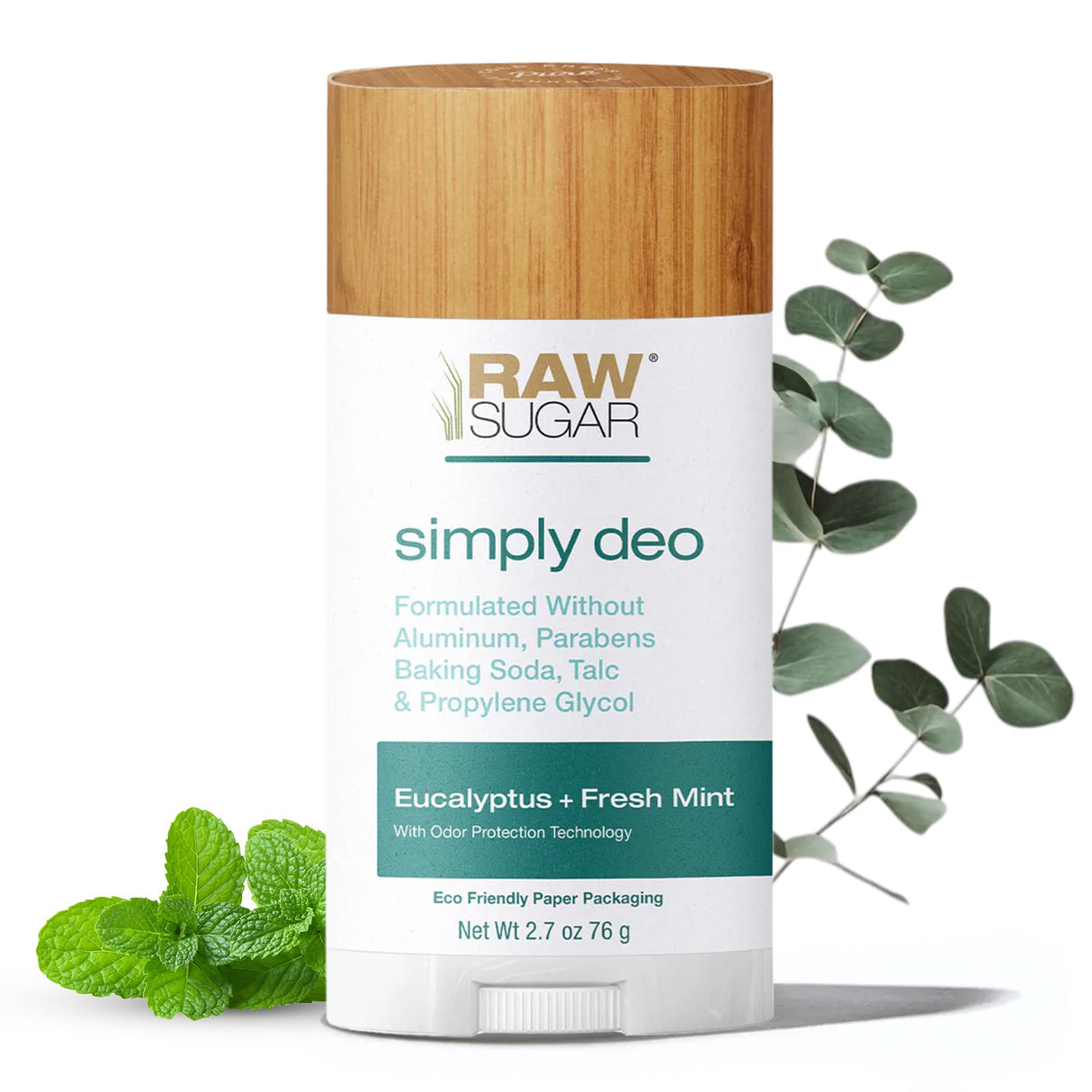 RAW SUGAR Aluminum Free Deodorant Stick, Simply Deo Eucalyptus + Fresh Mint