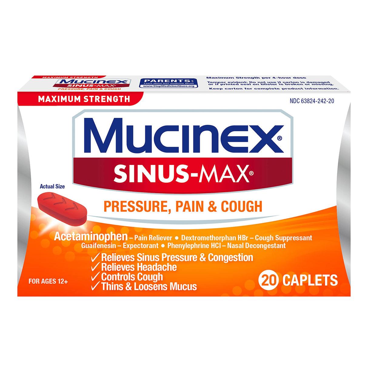 Mucinex Maximum Strength Sinus-Max Pressure, Pain & Cough Caplets, 20 ct
