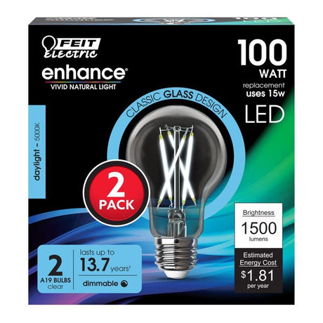 Feit A19 E26 (Medium) Filament LED Bulb Daylight 100 Watt Equivalence 2 pk