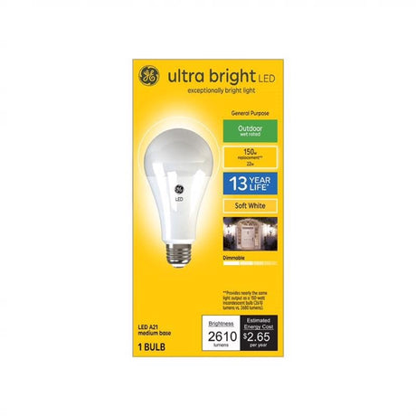 GE 93129366 LED Outdoor-Rated Ultra Bright Light Bulb, Soft White, A21 Medium Base, 22 Watt - Quantity 1