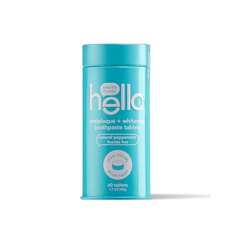 Hello Antiplaque & Teeth Whitening Eco Friendly Travel Toothpaste Tablets, Natural Peppermint Flavor, Fluoride Free, TSA Compliant, Vegan, SLS Free, Plastic-Free, 60 Tablets