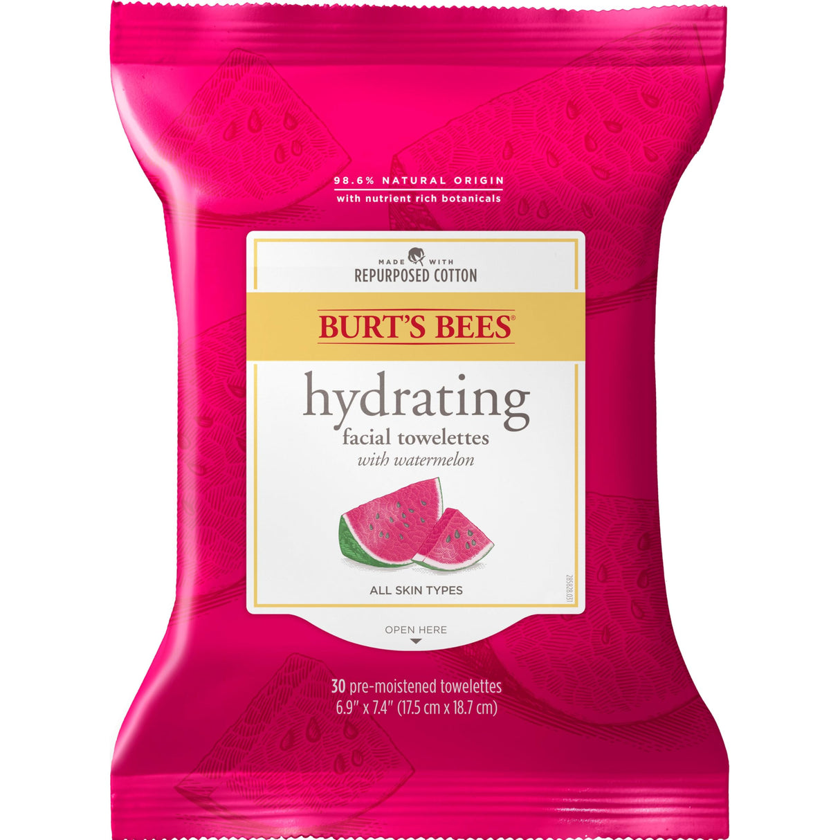 Burts Bees Hydrating Facial Cleanser Towelettes and Makeup Remover Wipes for All Skin Types with Watermelon, Made with Repurposed Cotton, 30 Count
