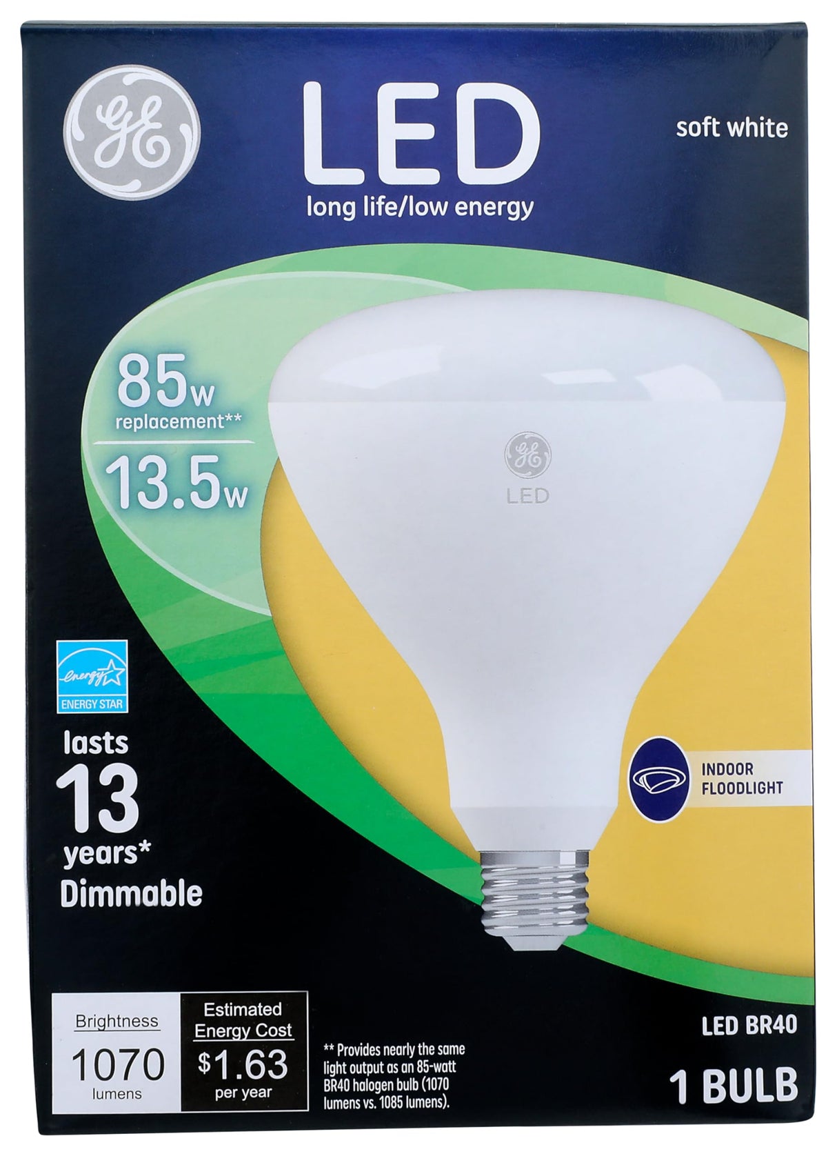 G E LIGHTING 41055 LED Flood Light Bulb, Indoor, Soft White, 1,070 Lumens, 13-Watt