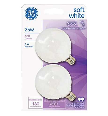 GE Lighting 44412 25 Watt White Vanity Globe Light Bulbs 2 Count