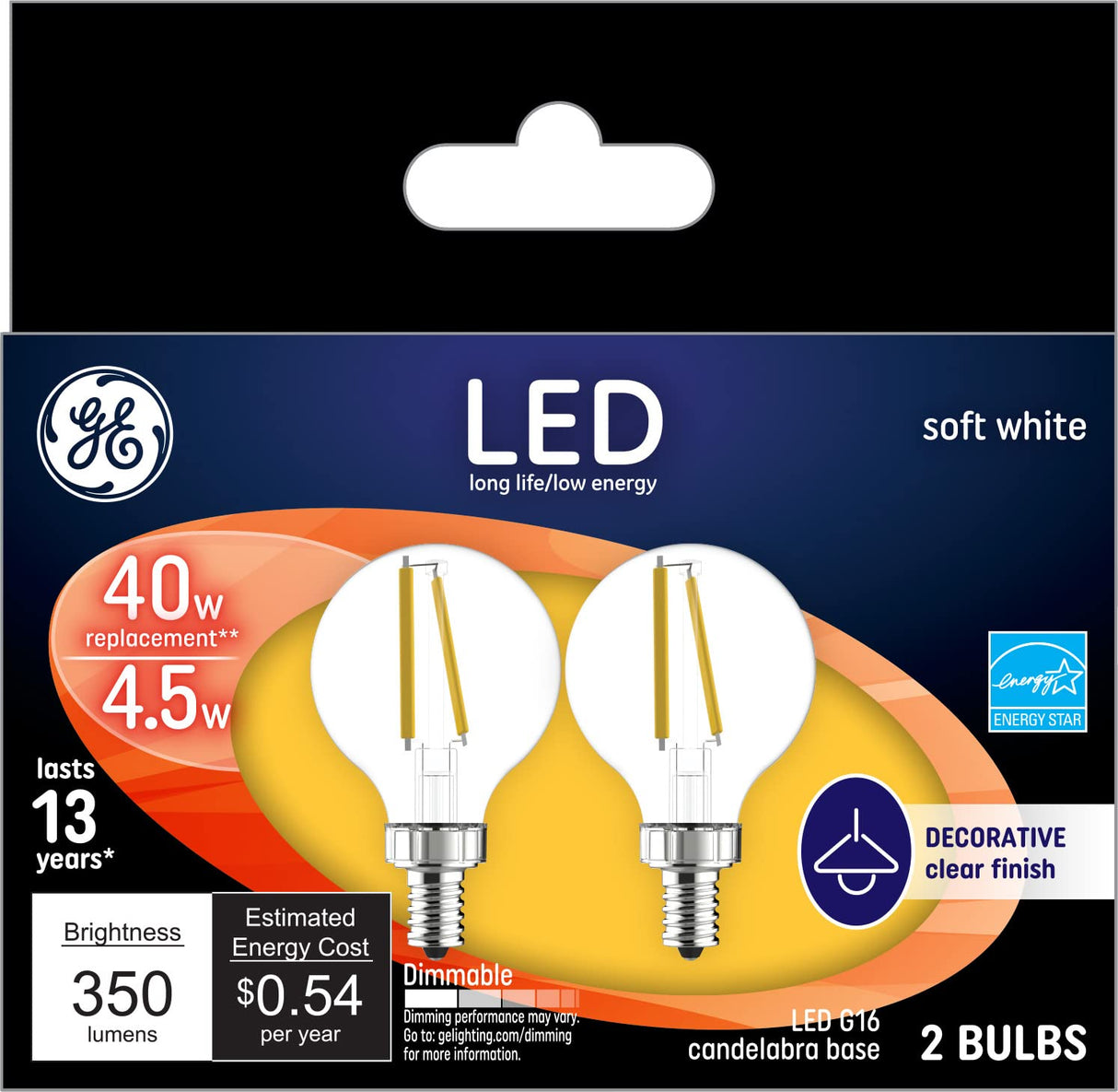 GE LED Globe Light Bulbs, 4 Watts (40 Watt Equivalent) Soft White, Frosted Finish, Candelabra Base, Dimmable (2 Pack)