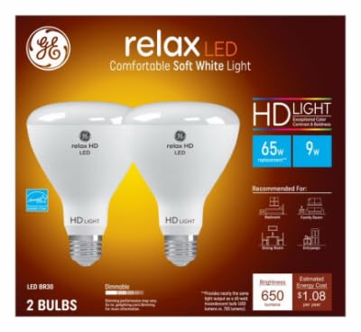 GE 93129938 Relax HD LED Light Bulb, BR30, 9 Watt, 2-Pk