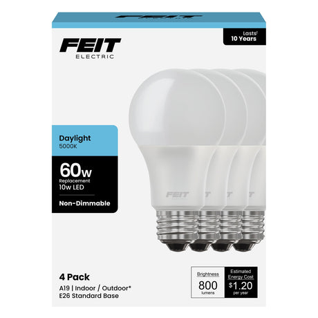 Feit Electric A19 LED Light Bulbs, 4 Pack, A800/850/10KLED/4