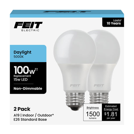 Feit Electric A19 LED Light Bulbs, 100W Equivalent, Non Dimmable, 1500 Lumens, E26 Standard Base, 5000k Daylight, 80 CRI, 10 Year Lifetime, Energy Efficient, A1600/850/10KLED/2, 2 Pack