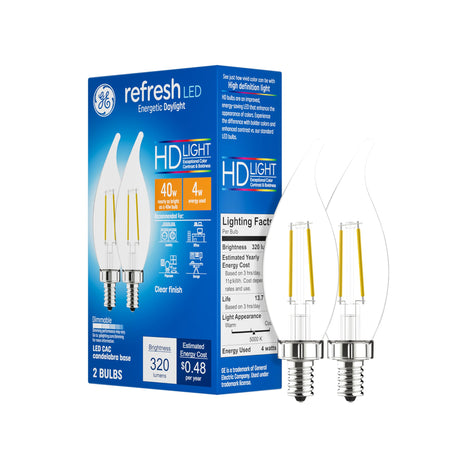 GE Refresh LED Light Bulbs, 40W, Daylight Candle Lights, Clear Decorative Bulbs, Small Base (2 Pack)