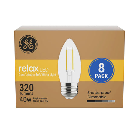 GE Relax LED Light Bulbs, Candle Lights, Soft White, 40 Watts, Clear Decorative B11 Bulbs, Medium Base (8 Pack)