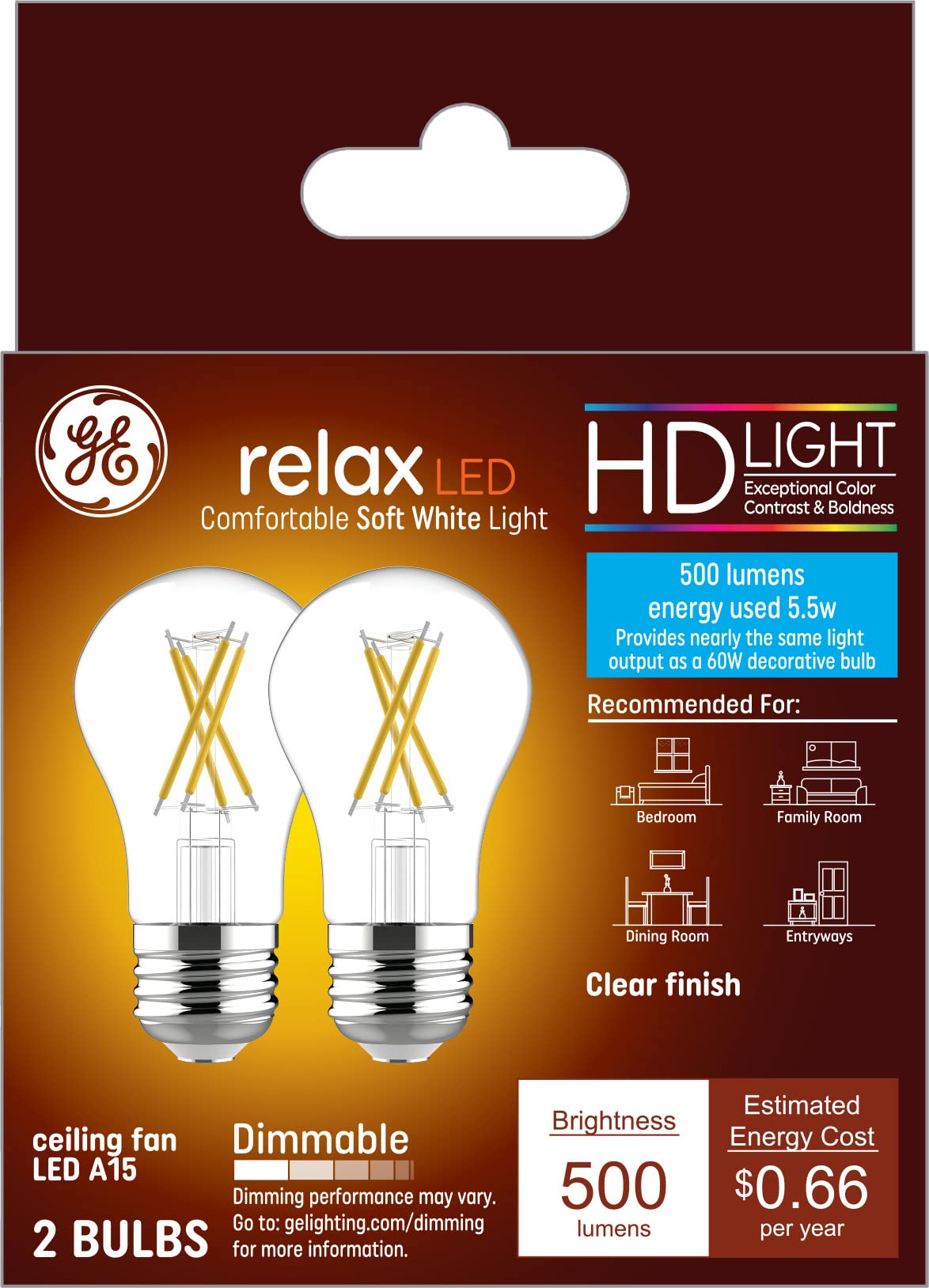 GE Relax HD Soft White 60W Clear Ceiling Fan A15 (2-Pack)