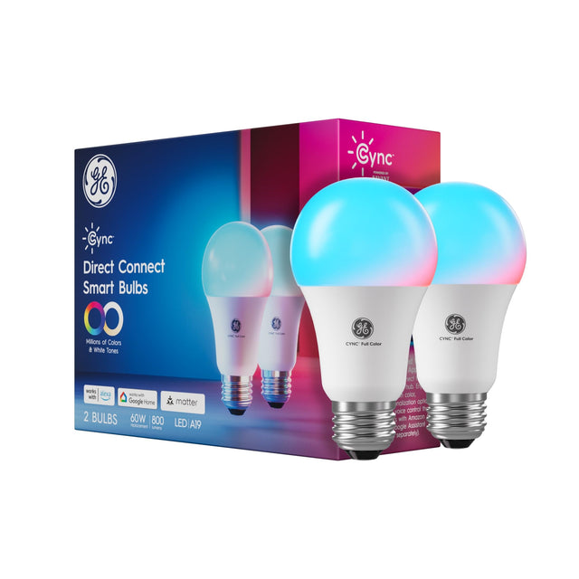 GE Cync A19 LED Smart Light Bulbs, Room Decor Aesthetic Bluetooth and WiFi Color Changing Lights, LED Indoor Light Bulb, Compatible with Alexa and Google (2 Pack)