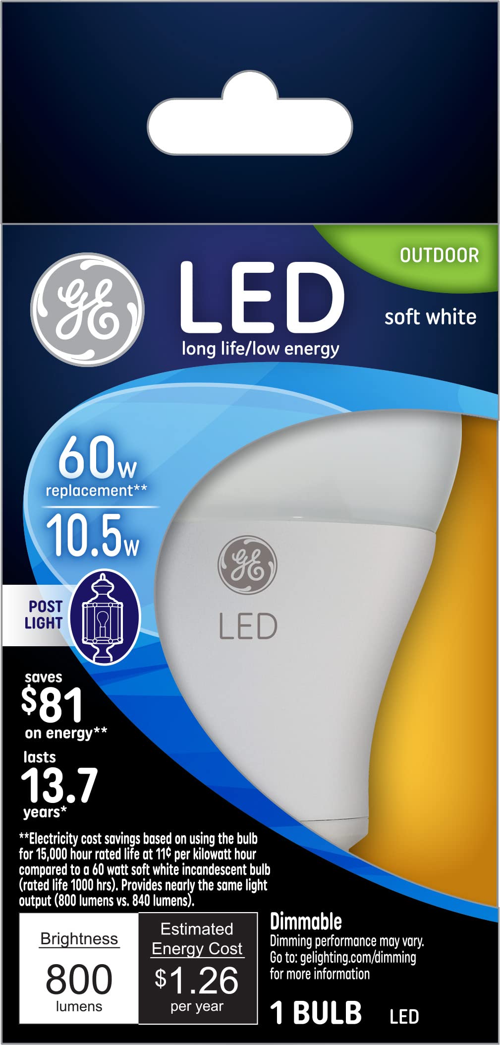 GE Lighting LED Outdoor Light Bulb, 10.5 Watt (60 Watt Equivalent) Soft White, Medium Base, Dimmable (1 Count)