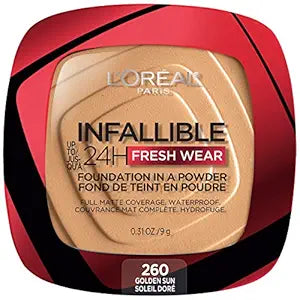 L'Oreal Paris Makeup Infallible Fresh Wear Foundation in a Powder, Up to 24H Wear, Waterproof, Golden Sun, 0.31 oz.