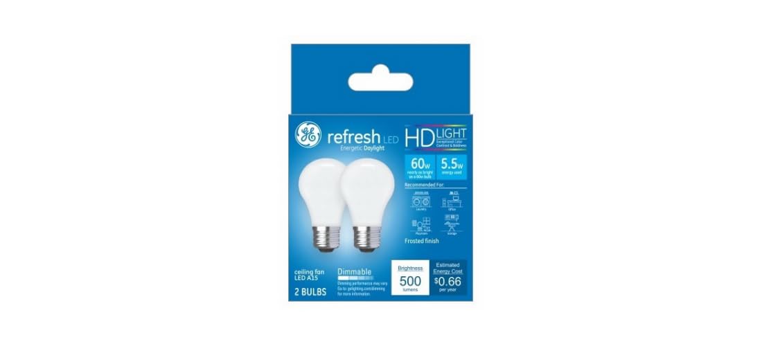 GE Lighting Refresh LED Light Bulbs, 60 Watt Eqv, HD Daylight, A15 Ceiling Fan Light Bulbs, Medium Base (2 Pack)