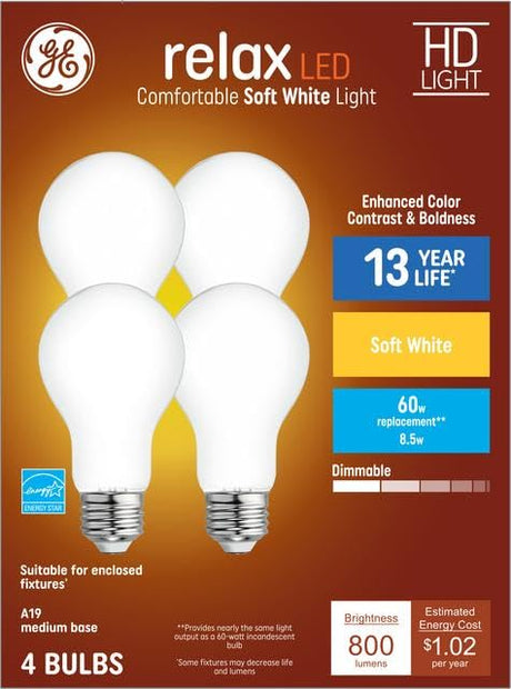 GE Relax 4-Pack 60 W Equivalent Dimmable Soft White A19 LED Light Fixture Light Bulbs