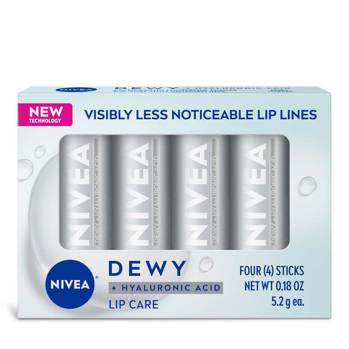 NIVEA Dewy Lip Balm with Hyaluronic Acid, 0.18 Oz, Pack of 4