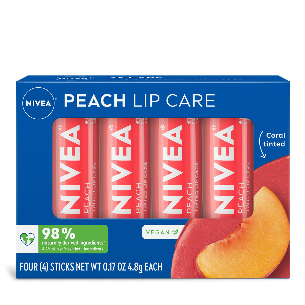 NIVEA Peach Lip Care, 0.17 Oz Stick, Pack of 4