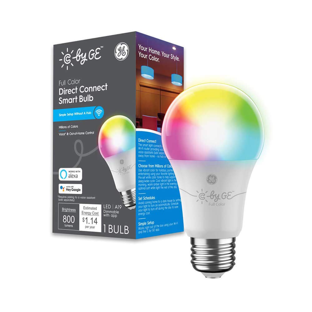 GE Lighting CYNC Smart Full Color A19 LED Light Bulb, 60W Replacement, Bluetooth/Wi-Fi Enabled, Alexa + Google Home Compatible Without Hub, 1-Pack (Packaging May Vary)